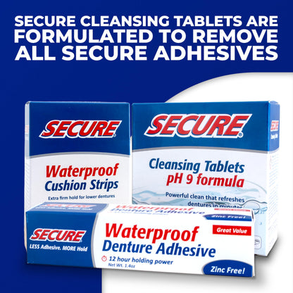 Secure Waterproof Denture Adhesive - Zinc Free - Extra Strong 12 Hour Hold - 1.4 oz (Pack of 4)