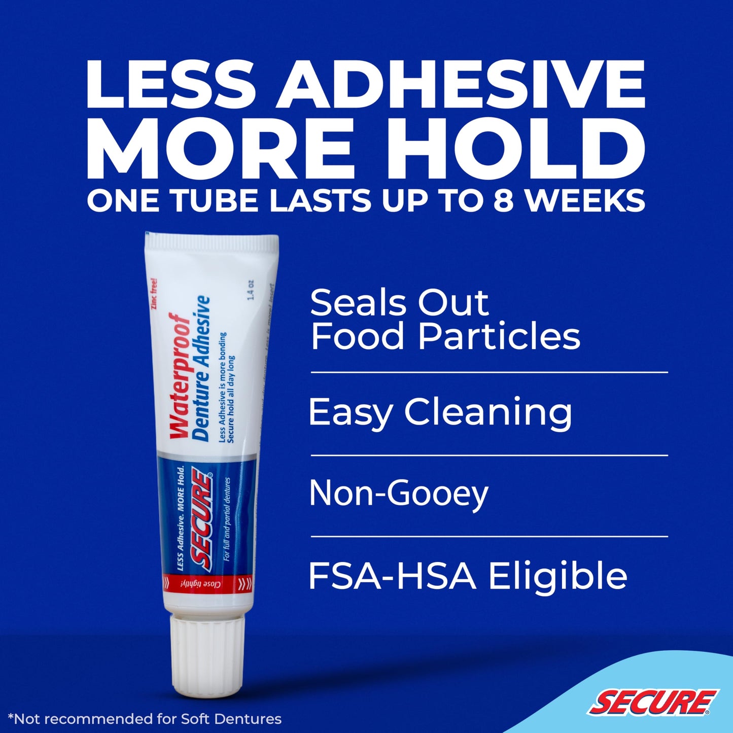 Secure Waterproof Denture Adhesive - Zinc-Free, Extra Strong Hold (1.4 oz, Pack of 8)