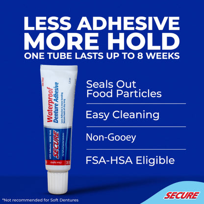 Secure Waterproof Denture Adhesive - Zinc Free - Extra Strong 12 Hour Hold - 1.4 oz (Pack of 4)