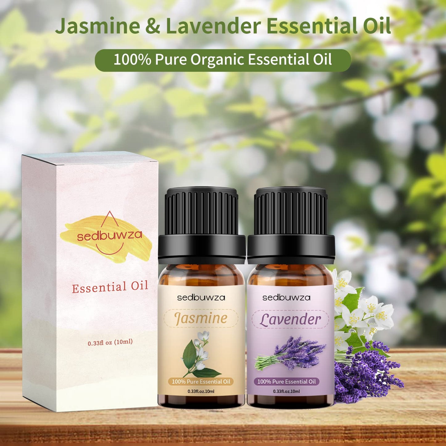 Sedbuwza Lavender Jasmine Essential Oil Set - 2 x 10 ml | Diffuser, Aromatherapy, Massage, Soap & Candle Making