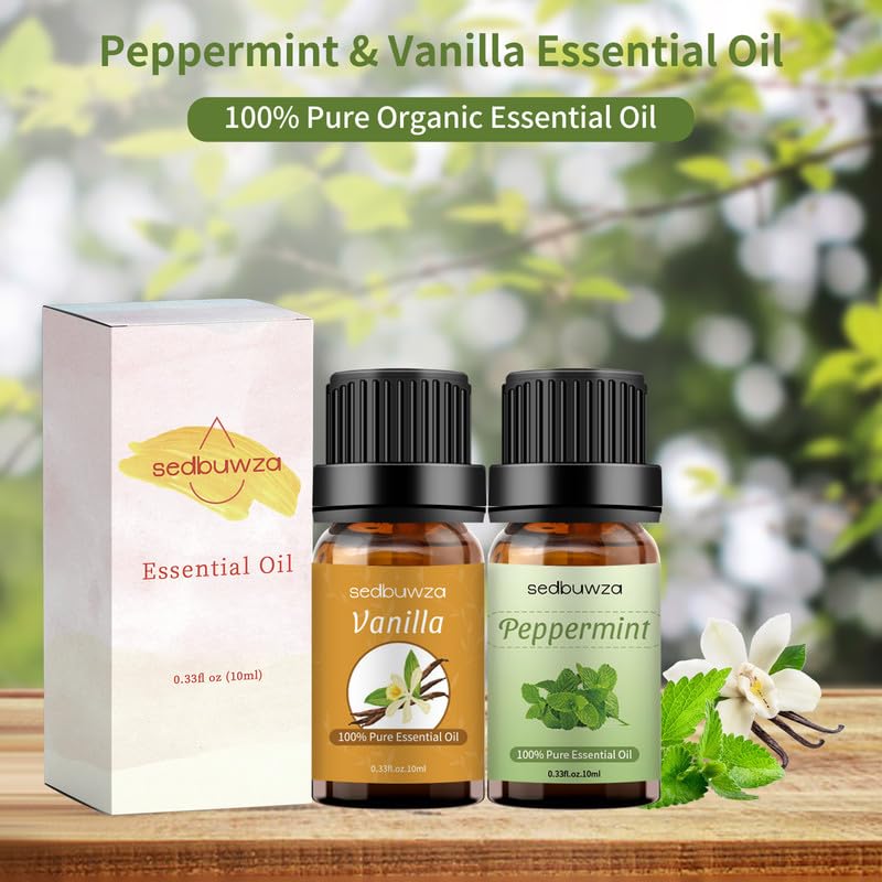 Sedbuwza Vanilla Peppermint Essential Oil Set – 2 x 10 ml for Diffuser, Aromatherapy & DIY