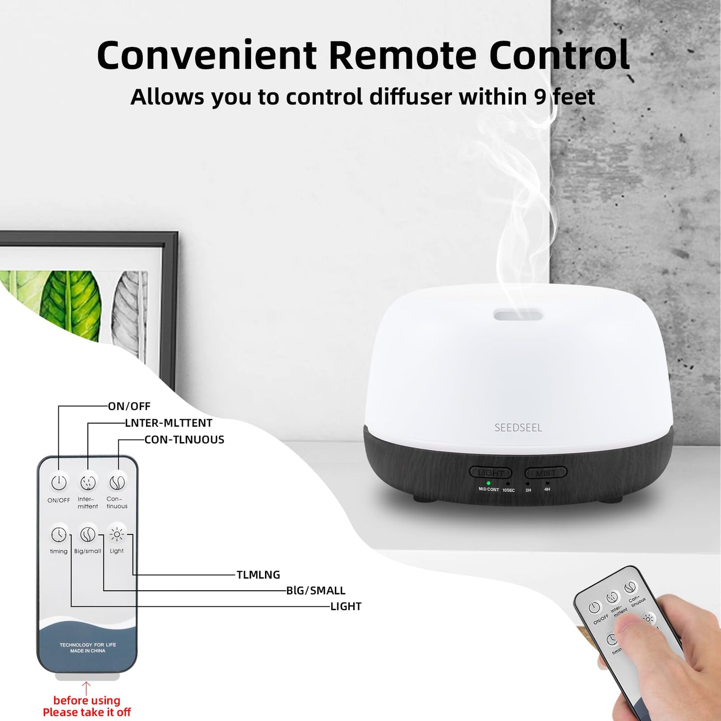 SEEDSEEL 300ML Essential Oil Diffuser with Remote | 7-Color LED Lights for Small Rooms
