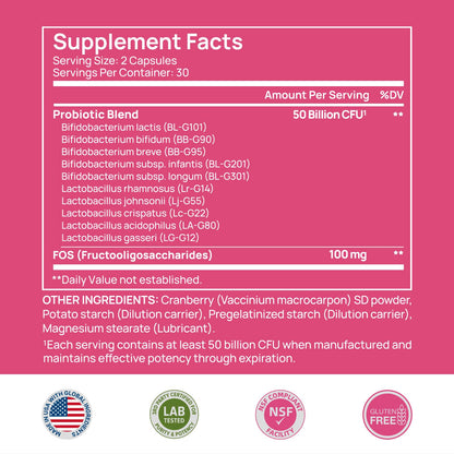 Selerb Vaginal Probiotics for Women - 50B CFU, Cranberry Prebiotics & 60 Capsules