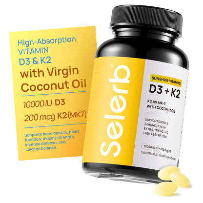 Selerb Vitamin D3 K2 with Virgin Coconut Oil – 10000 IU D3 + 200 mcg K2 MK-7, 120 Softgels