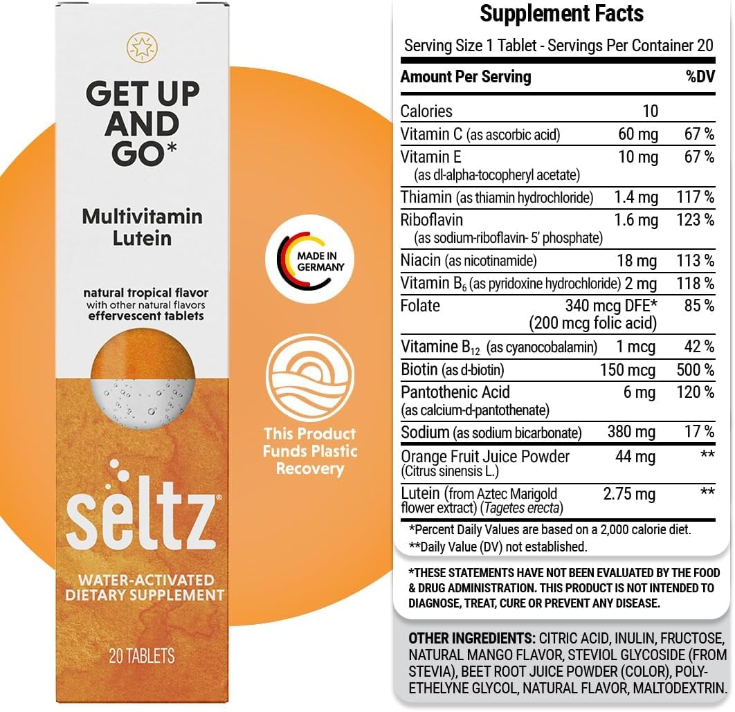 Seltz® Get Up and Go – Effervescent Multivitamin with Lutein for Daily Energy, Eye Health & Antioxidant Support – Tropical Flavor, 20 Tablets (Pack of 6)