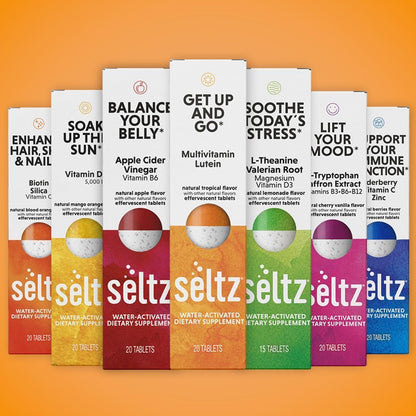 Seltz® Get Up and Go – Effervescent Multivitamin with Lutein for Daily Energy, Eye Health & Antioxidant Support – Tropical Flavor, 20 Tablets (Pack of 6)