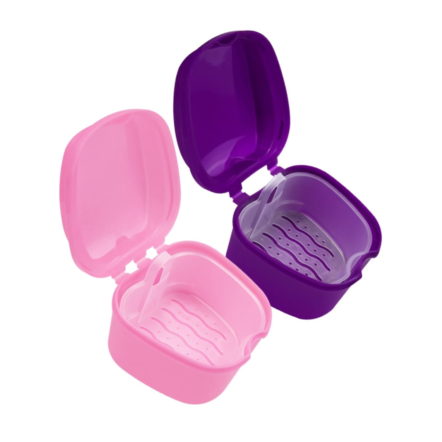 SENLIN DENTAL 2pc Denture Bath Retainer Case – Portable Strainer Basket Cups (Purple & Pink)