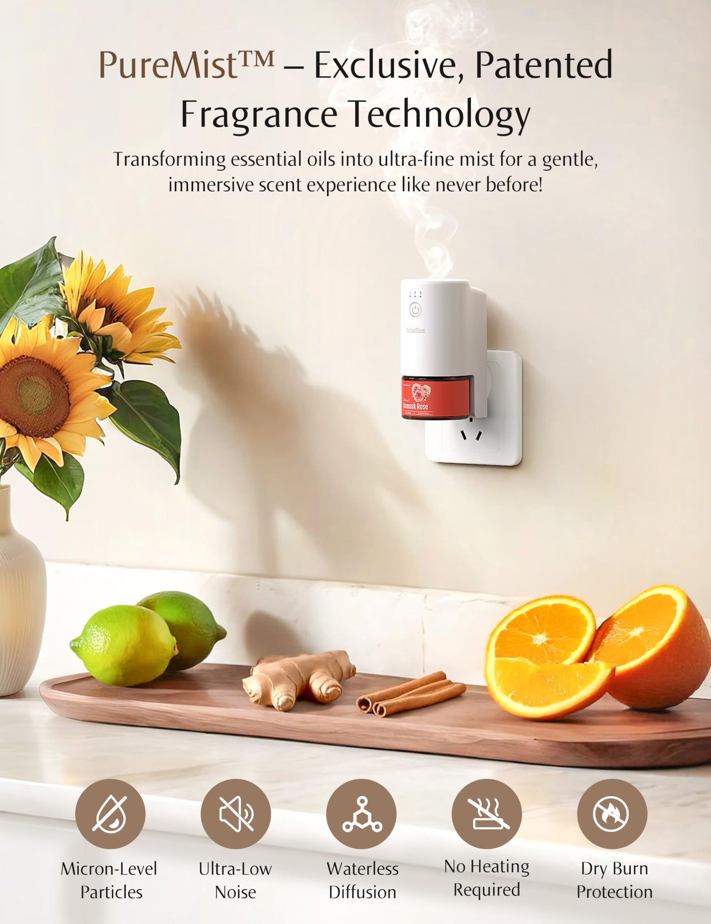 SenseFlow SF101 Waterless Ultrasonic Diffuser – Plant-Based, Covers 100㎡