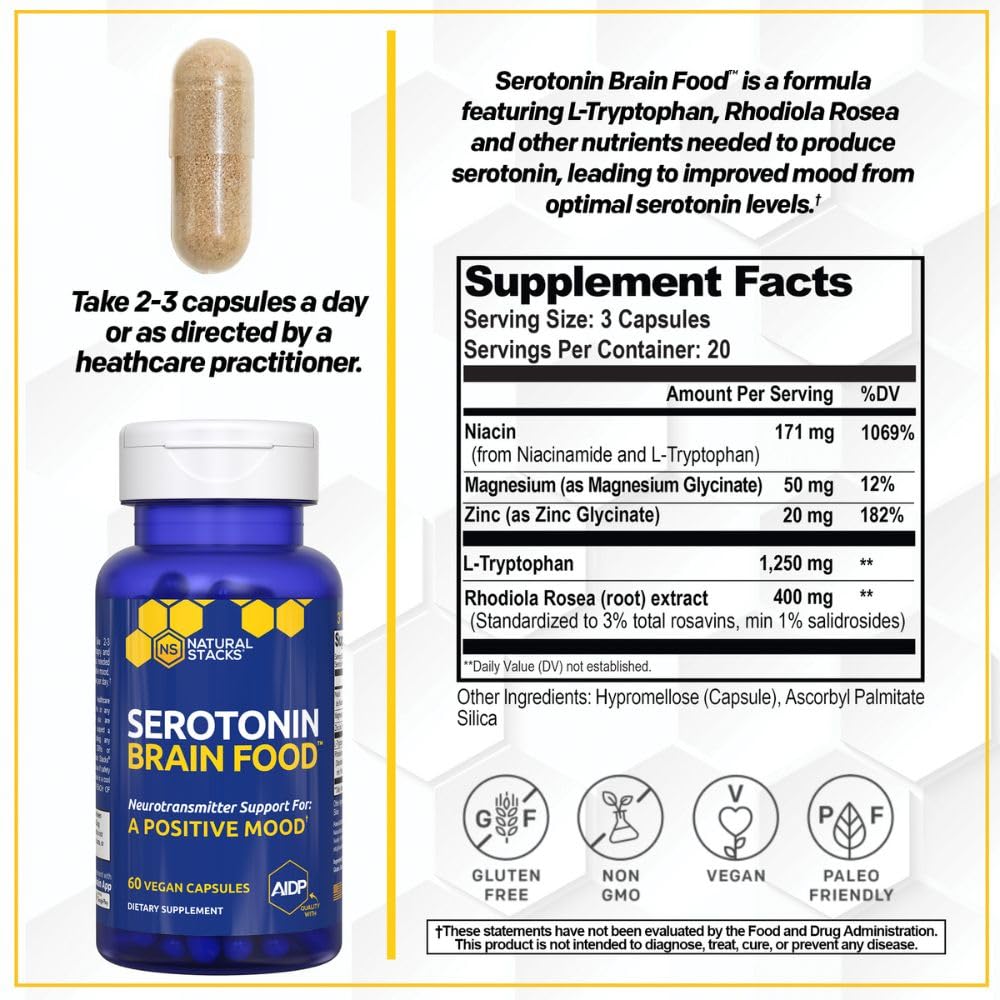 Natural Stacks Serotonin Brain Food – 1250mg L-Tryptophan & 400mg Rhodiola Rosea – Mood Support with Magnesium Glycinate & Zinc – 60 Capsules