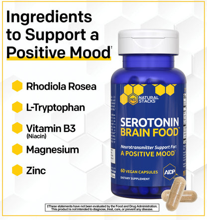 Natural Stacks Serotonin Brain Food – 1250mg L-Tryptophan & 400mg Rhodiola Rosea – Mood Support with Magnesium Glycinate & Zinc – 60 Capsules