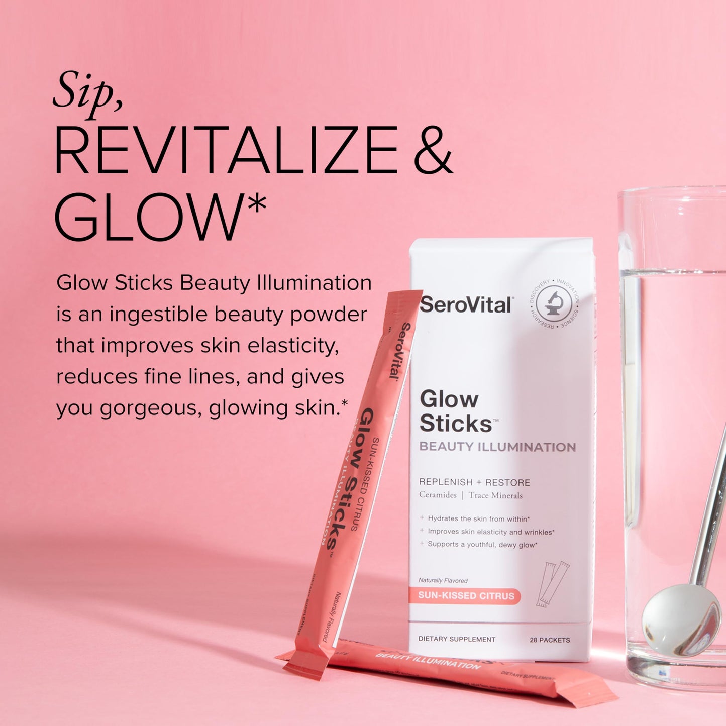 Serovital Glow Sticks: Sugar-Free Powder Drink Mix for Skin Hydration (14 Days) with Hyaluronic Acid & Ceramides