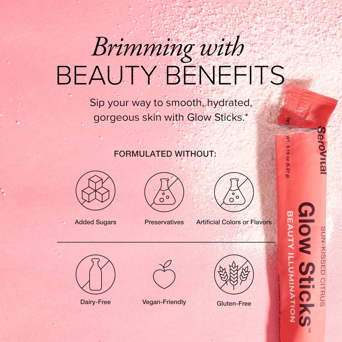 Serovital Glow Sticks: Sugar-Free Powder Drink Mix for Skin Hydration (14 Days) with Hyaluronic Acid & Ceramides