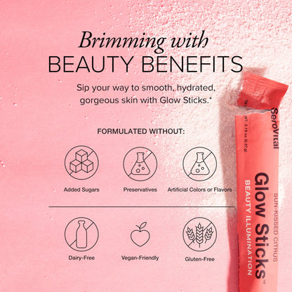 Serovital Glow Sticks: Sugar-Free Powder Drink Mix for Skin Hydration (14 Days) with Hyaluronic Acid & Ceramides