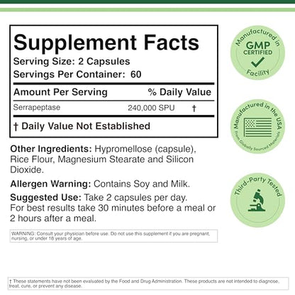 Serrapeptase 240,000 SPU Max Potency – Pack of 2 by Double Wood Supplements (120 Veggie Capsules per Bottle)