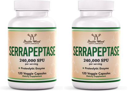 Serrapeptase 240,000 SPU Max Potency – Pack of 2 by Double Wood Supplements (120 Veggie Capsules per Bottle)