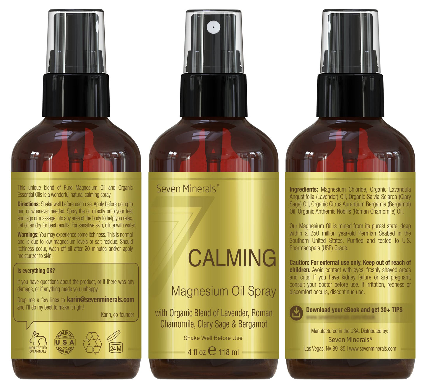 Seven Minerals Calming Magnesium Spray – All-Natural Essential Oils Blend | Made in USA | 4 oz | Free eBook