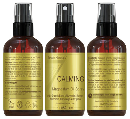 Seven Minerals Calming Magnesium Spray – All-Natural Essential Oils Blend | Made in USA | 4 oz | Free eBook