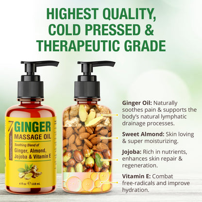 Seven Minerals Ginger Massage Oil for Lymphatic Drainage Therapy - 4 oz Therapeutic Grade Essential Oils