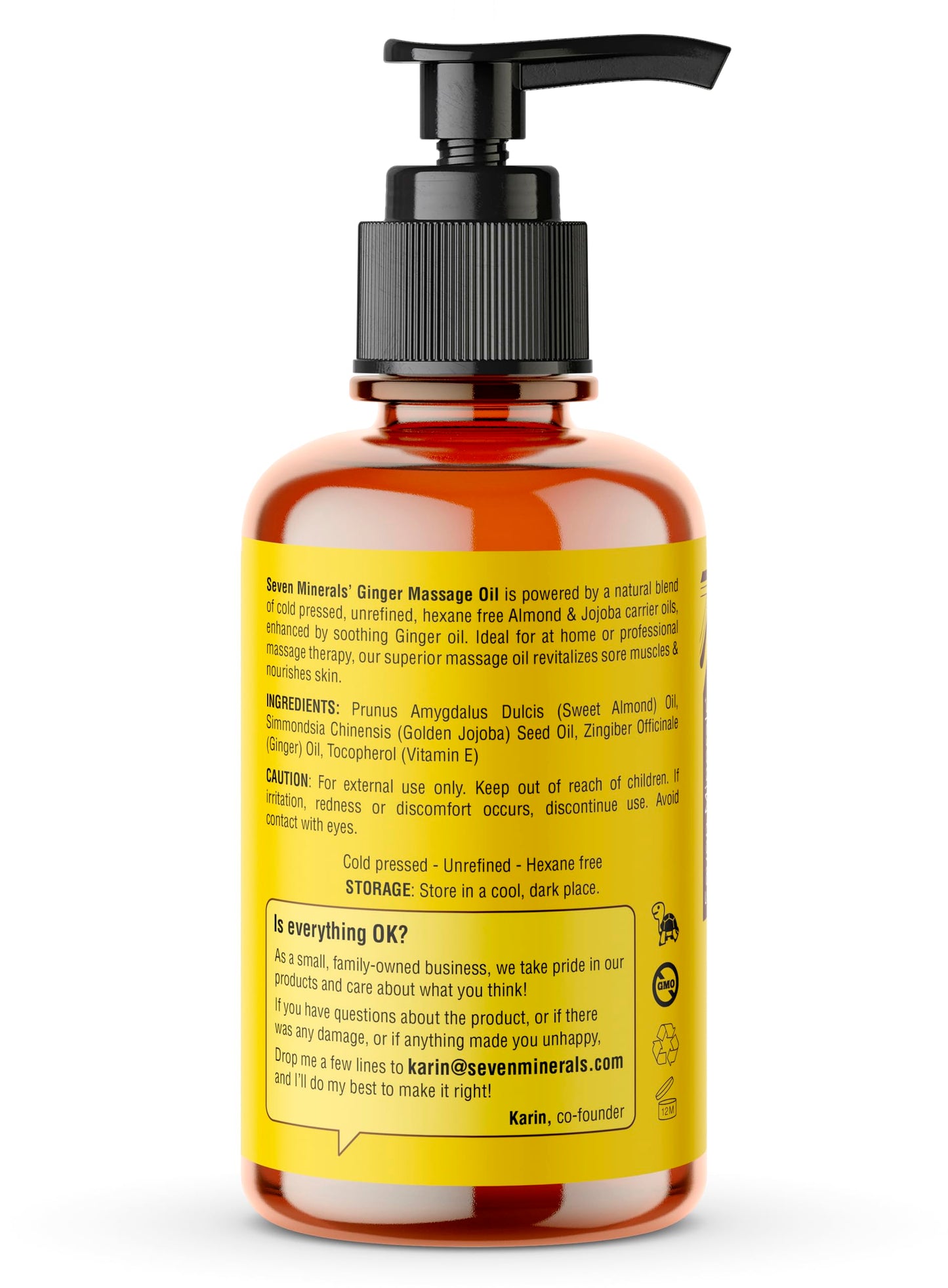Seven Minerals Ginger Massage Oil for Lymphatic Drainage Therapy - 4 oz Therapeutic Grade Essential Oils
