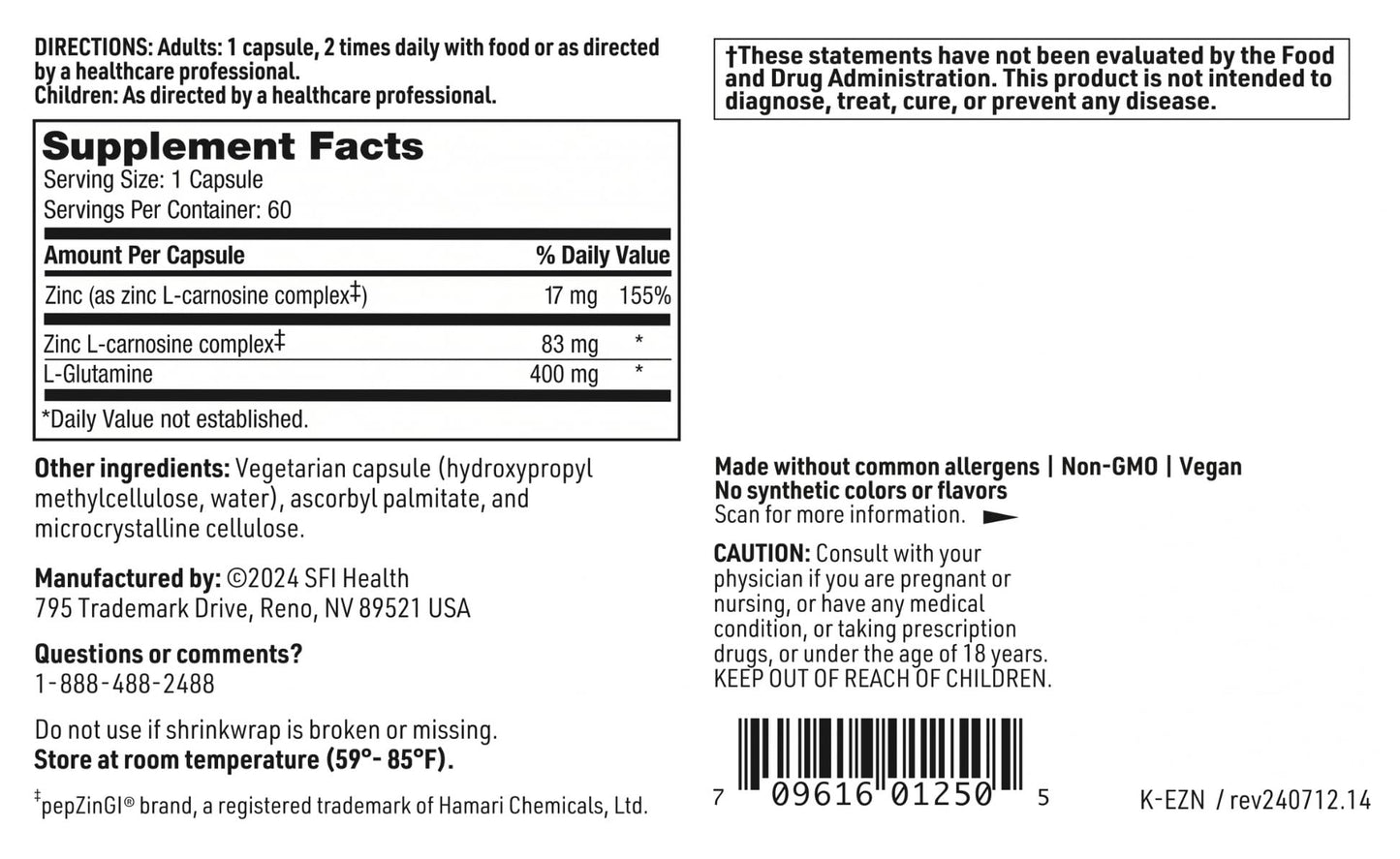 SFI Health Klaire Labs Endozin: Zinc Carnosine & L-Glutamine for Gut Barrier Support - Hypoallergenic, 60 Capsules