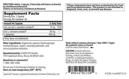 SFI Health Klaire Labs Endozin: Zinc Carnosine & L-Glutamine for Gut Barrier Support - Hypoallergenic, 60 Capsules