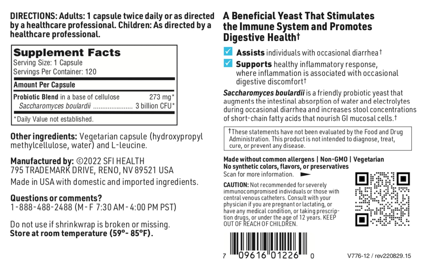 SFI Health Klaire Labs Saccharomyces Boulardii Probiotic – Acid-Resistant, Shelf-Stable, Dairy-Free (120ct)