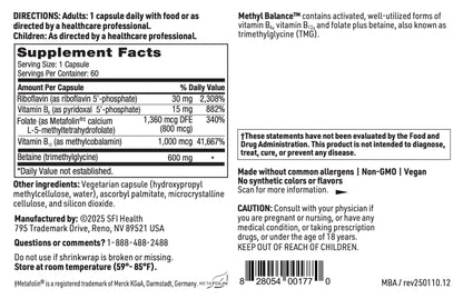 SFI Health Klaire Labs Methyl Balance – Activated B Vitamins + TMG, Metafolin Folate, 60 Capsules