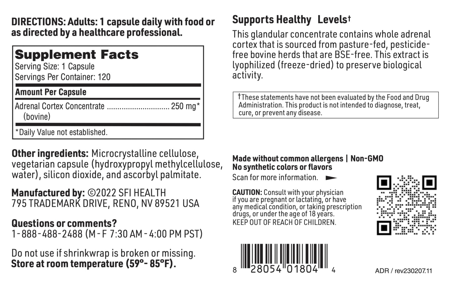 SFI Health Klaire Labs Adrenal Cortex — Targeted Adrenal Support, Lyophilized Bovine Extract, 120 Capsules