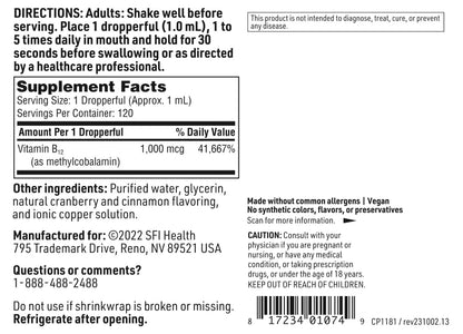 SFI Health Klaire Labs Vitamin B12 Liquid - Methylcobalamin Drops - Superior Absorption - Vegan, 120 Servings, 4 Oz