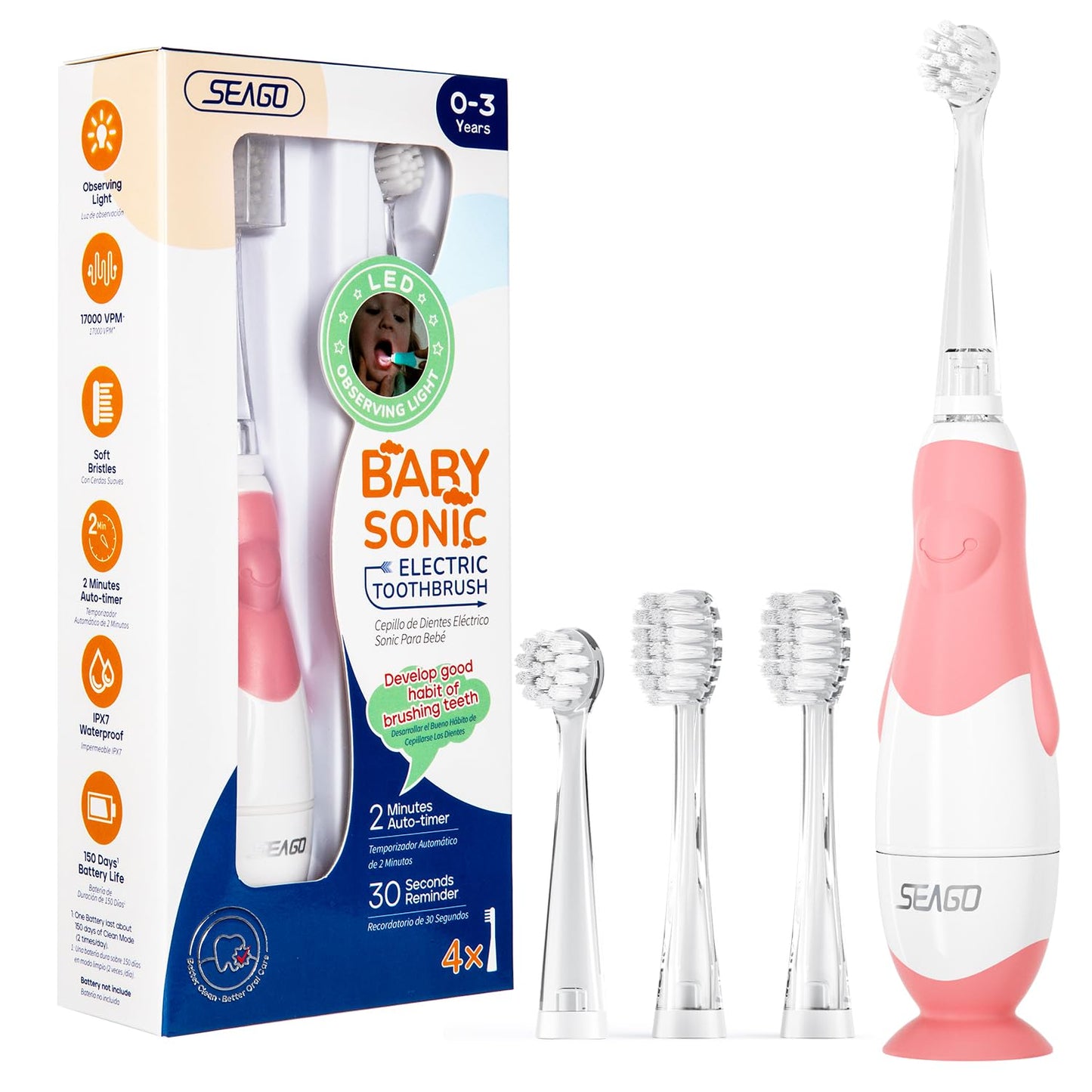 SEAGO SG-513 Pink-C Toddler Electric Toothbrush for 0-3 Years – Smart Timer & 4 Replacement Heads