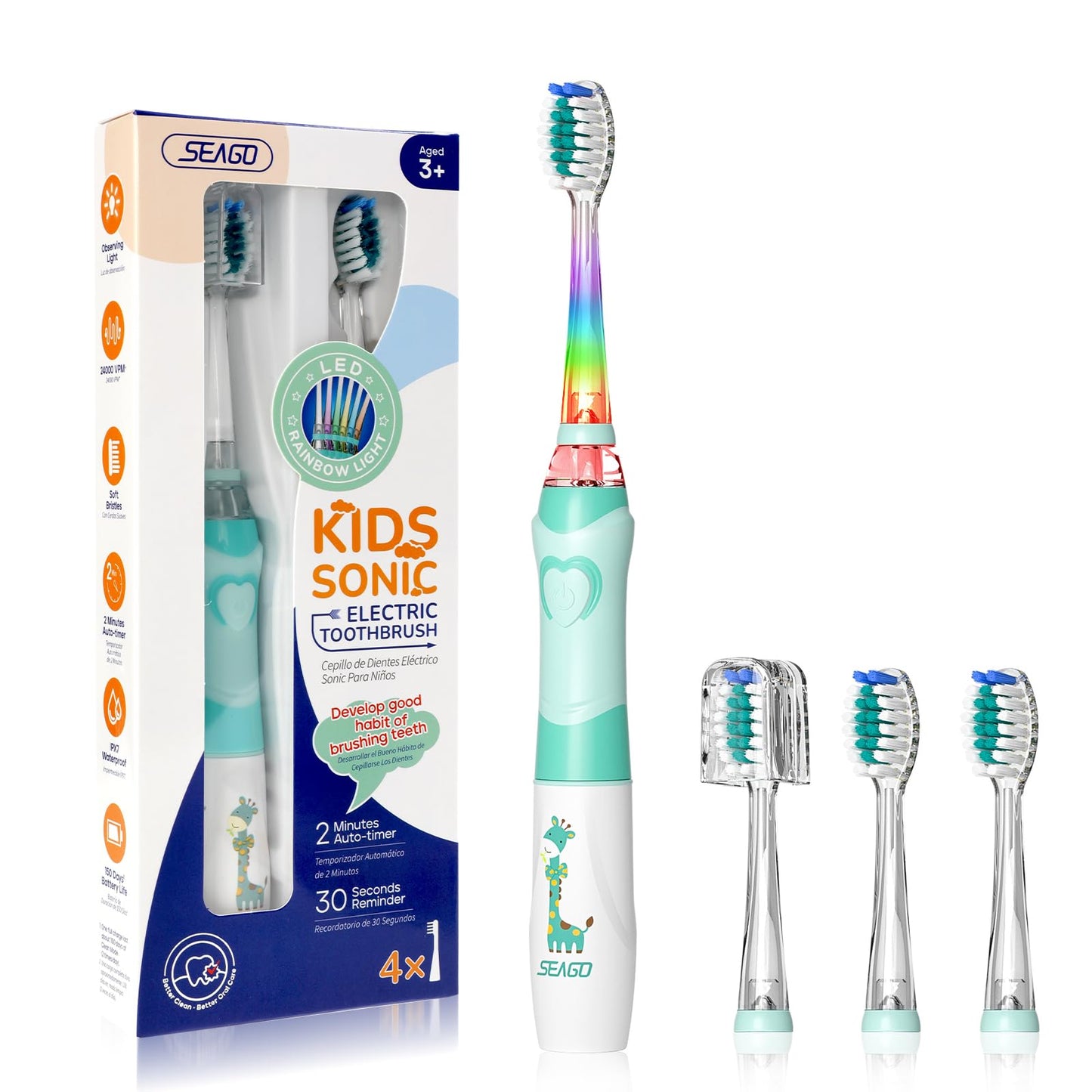 SEAGO SG-977 Kids Electric Toothbrush – 2-Min Timer, Rainbow LED, 4 Replacement Heads, Green