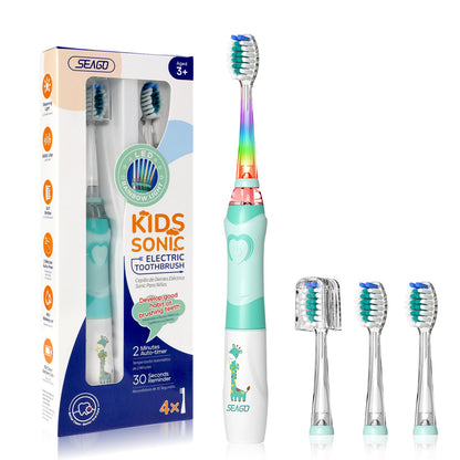 SEAGO SG-977 Kids Electric Toothbrush – 2-Min Timer, Rainbow LED, 4 Replacement Heads, Green