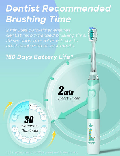 SEAGO SG-977 Kids Electric Toothbrush – 2-Min Timer, Rainbow LED, 4 Replacement Heads, Green