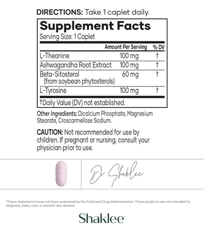 Shaklee - Stress Relief Complex - Calming Blend of L-theanine, Ashwagandha, Beta-sitosterol, and L-tyrosine - Promotes Relaxation without Drowsiness - 1 Caplet Daily - Adults Supplement - 30 Caplets