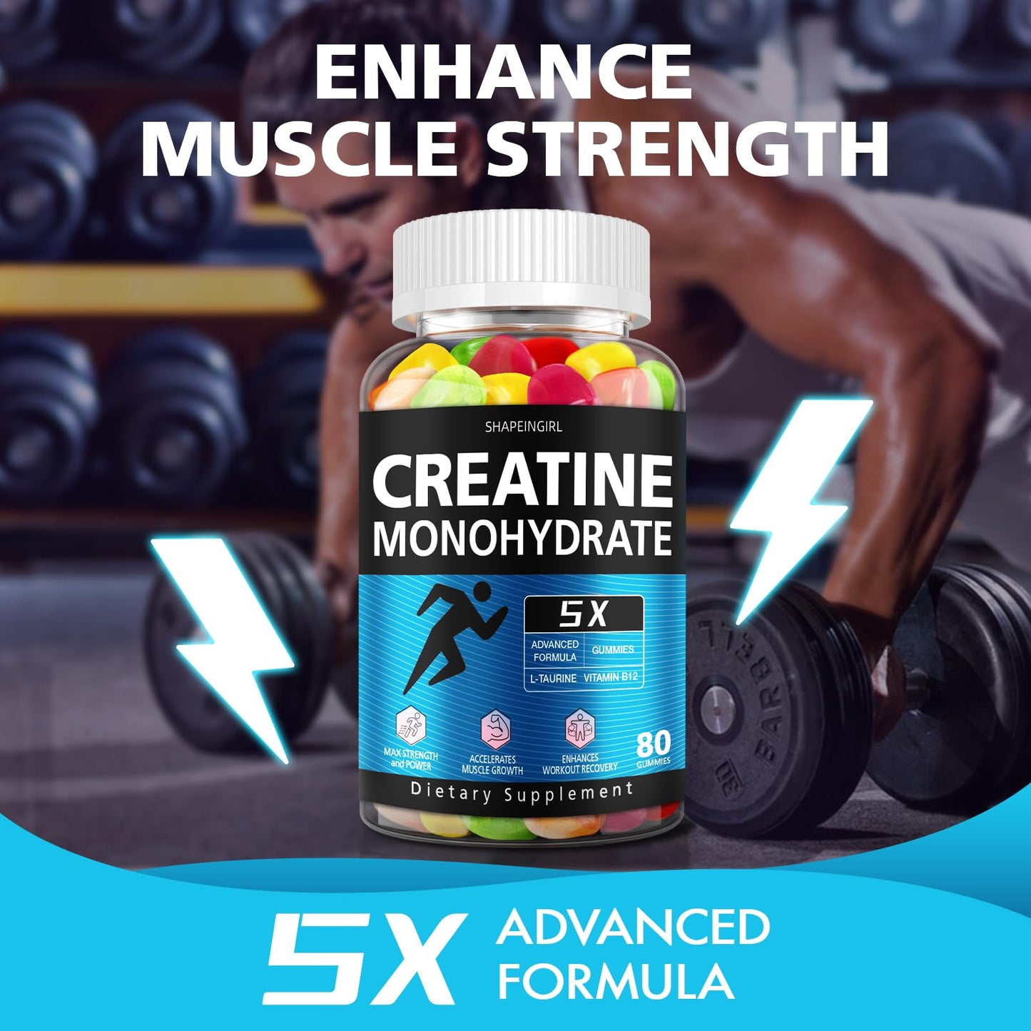 SHAPEINGIRL Creatine Monohydrate Gummies for Women & Men – Vegan, Vitamin B12, 320-Count
