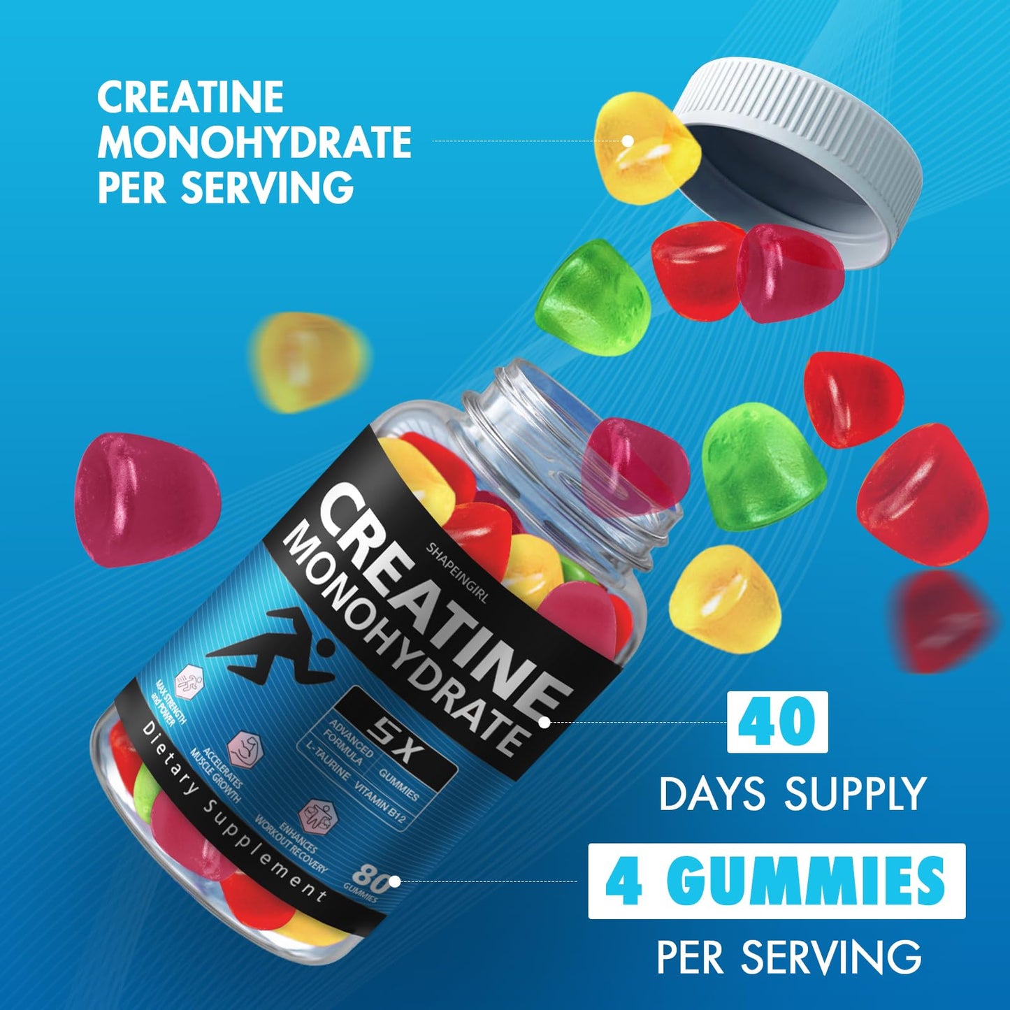 SHAPEINGIRL Creatine Monohydrate Gummies for Women & Men – Vegan, Vitamin B12, 320-Count