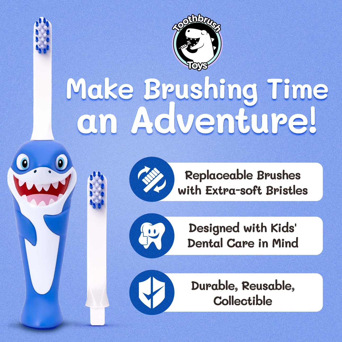 Kids Soft Bristle Shark Toothbrush 2+ | Gentle, Replaceable Head, Ergonomic Handle
