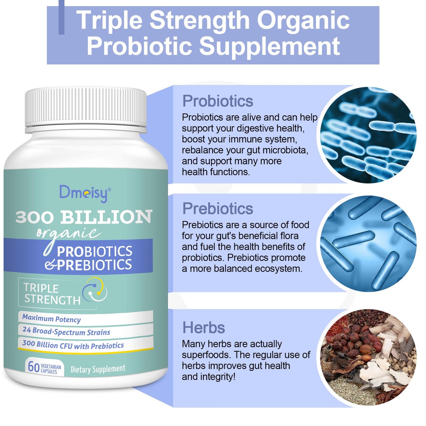 Probiotics for Women and Men - 300 Billion CFU, 24 Strains, 15 Organic Herbs + Prebiotics - Shelf-Stable Gut Health Supplement (8 Month Supply)