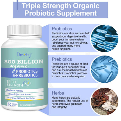 Probiotics for Women and Men - 300 Billion CFU, 24 Strains, 15 Organic Herbs + Prebiotics - Shelf-Stable Gut Health Supplement (8 Month Supply)