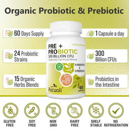 Ascuoli Probiotics for Women & Men – 300B CFU, 24 Strains + 15 Organic Herbs Prebiotic Blend | 240 Veg Capsules