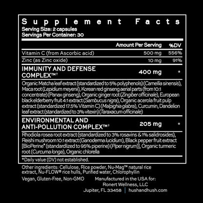 Hush & Hush ShieldUp – Immune Booster Energy Supplement | Vitamin C, Matcha, Maca & Turmeric | 60 Capsules | Vegan & Gluten Free