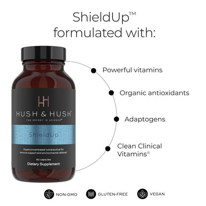 Hush & Hush ShieldUp – Immune Booster Energy Supplement | Vitamin C, Matcha, Maca & Turmeric | 60 Capsules | Vegan & Gluten Free