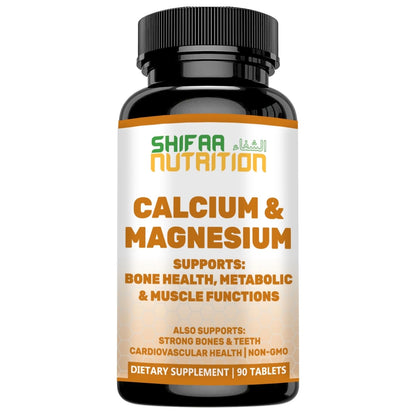 SHIFAA NUTRITION Halal Calcium Magnesium with Vitamin D3 - 1000 mg Calcium, 500 mg Magnesium | 30 Servings | Non-GMO