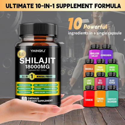 Shilajit Capsules 18000mg (60) 10-in-1 with Ashwagandha & More