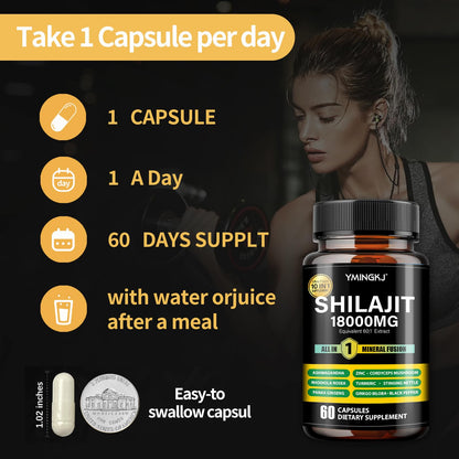 Shilajit Capsules 18000mg (60) 10-in-1 with Ashwagandha & More