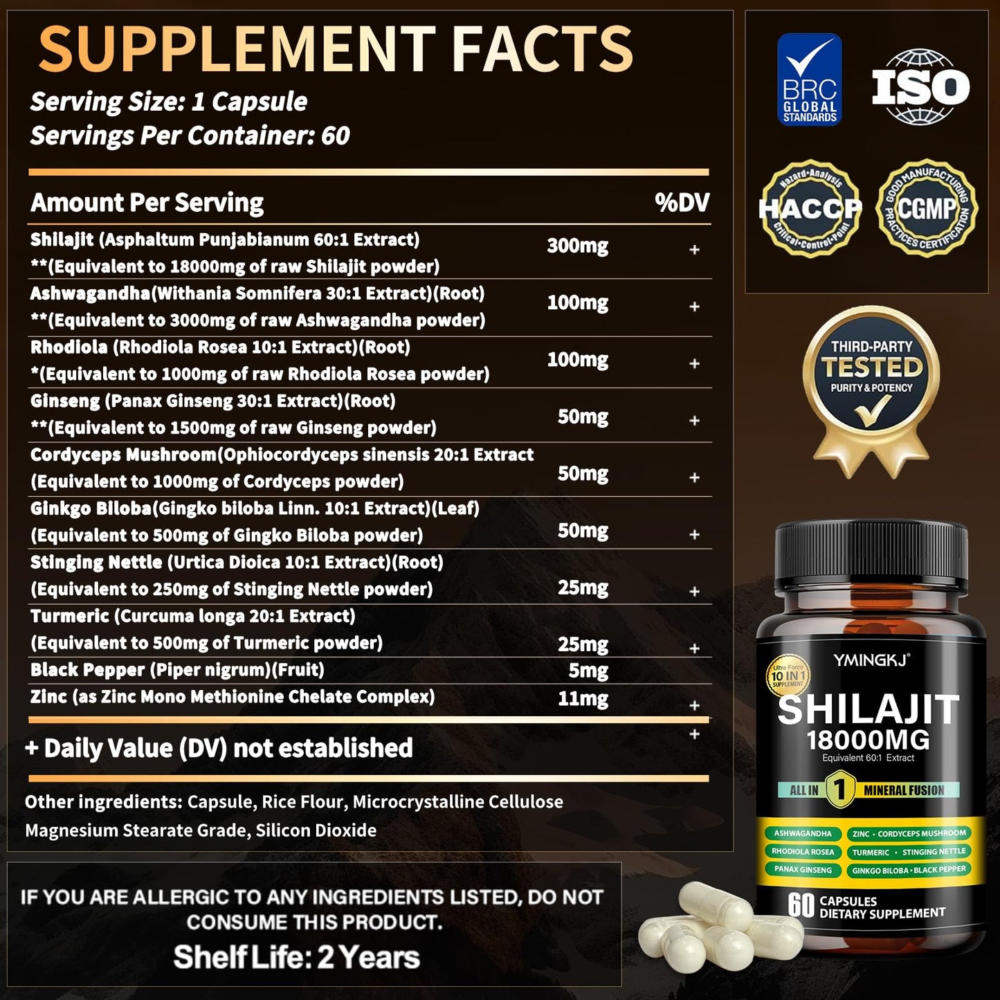 Shilajit Capsules 18000mg (60) 10-in-1 with Ashwagandha & More