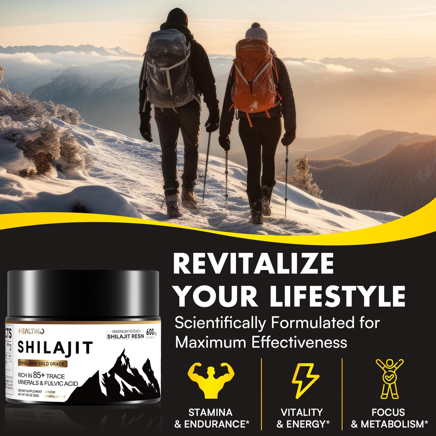 Shilajit Resin Organic – 600mg Gold Grade, 100 Servings, 85+ Minerals & Fulvic Acid
