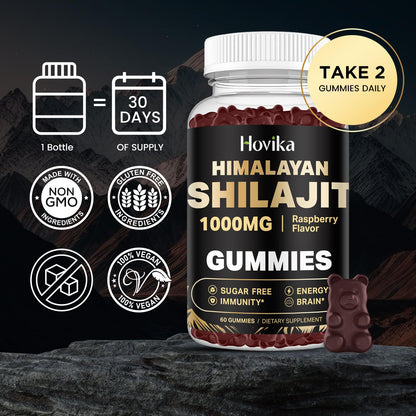 Shilajit Gummies 1000mg – 85+ Trace Minerals | Ashwagandha, Turmeric, Black Pepper | Sugar Free Raspberry 60 Count