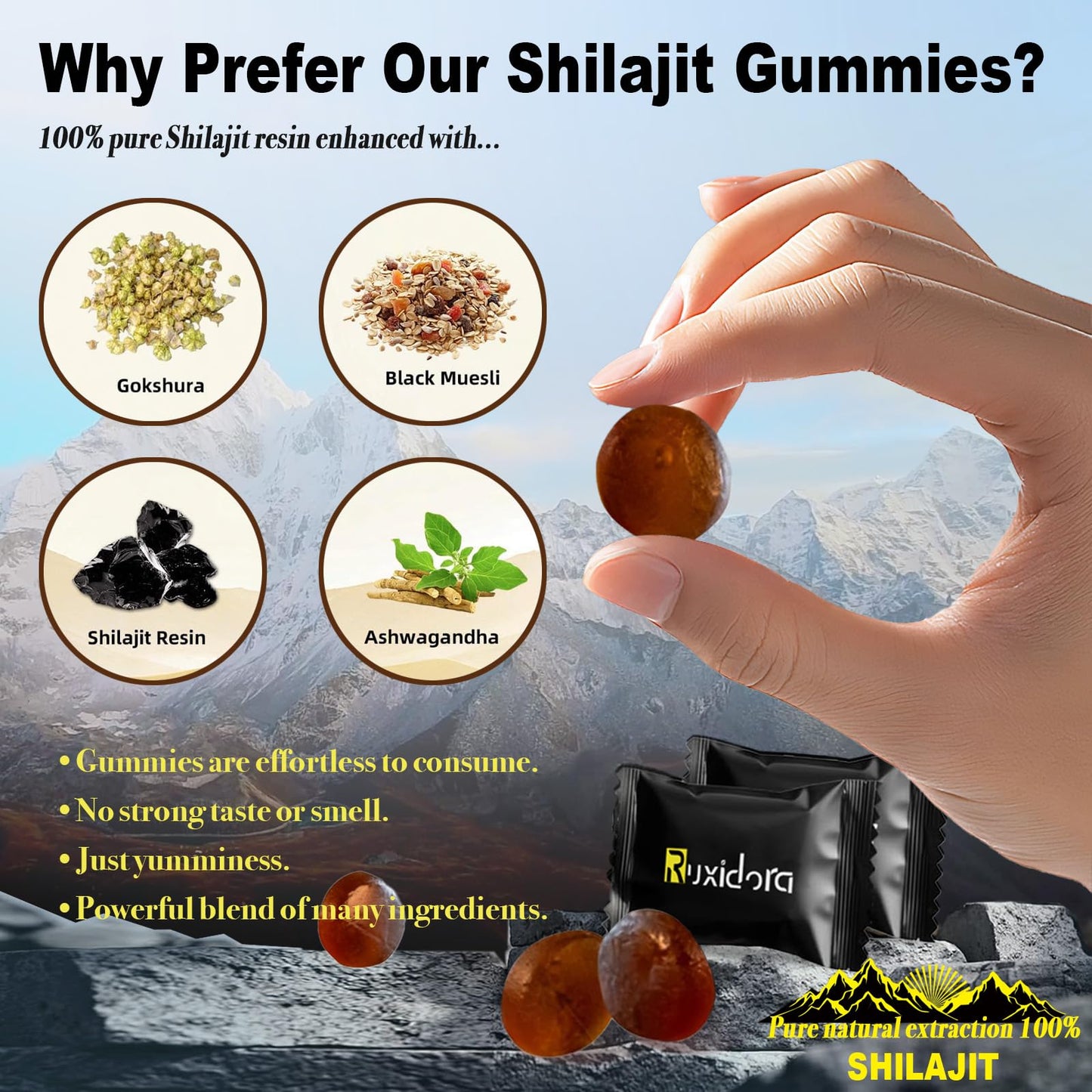 Shilajit Gummies - Pure Shilajit Gummies with Ashwagandha, No Added Sugar, Non-GMO, Natural Organic | 60 Gummies (Individually Wrapped) | Fulvic Acid & 85+ Trace Minerals for Men