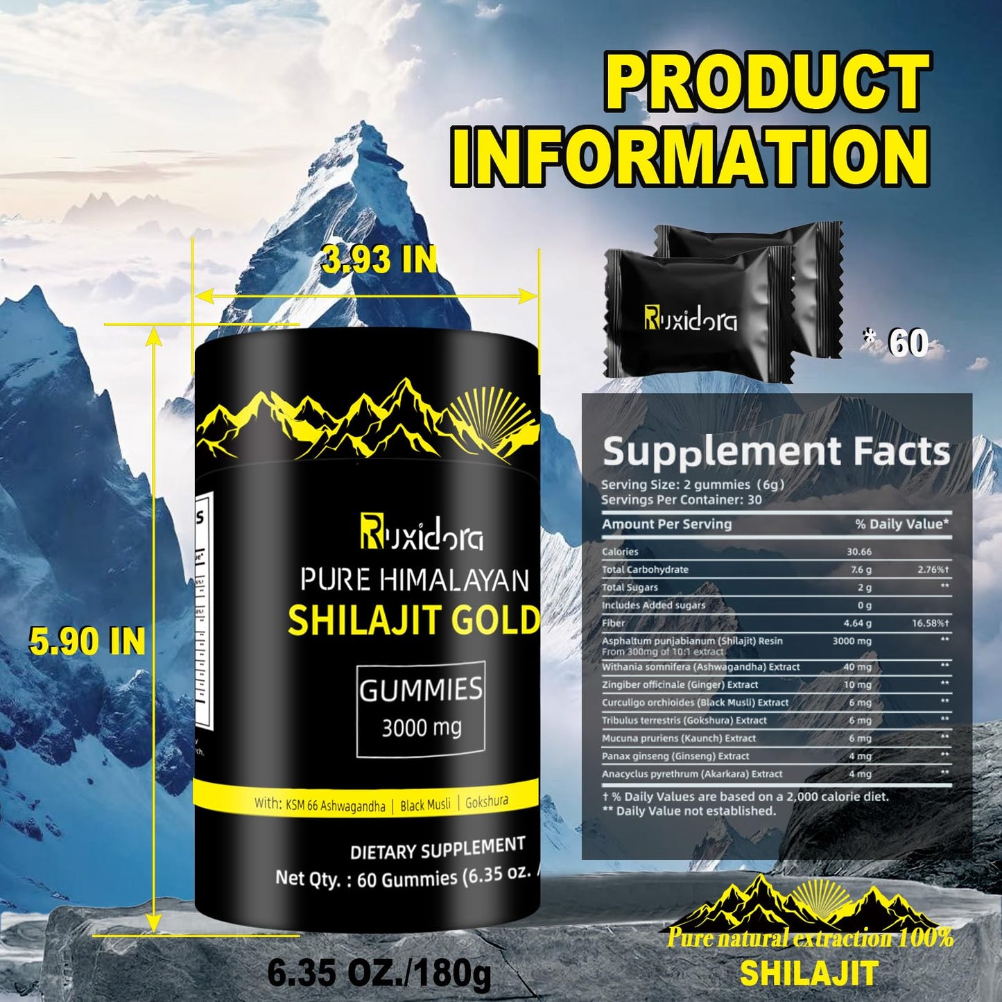 Shilajit Gummies - Pure Shilajit Gummies with Ashwagandha, No Added Sugar, Non-GMO, Natural Organic | 60 Gummies (Individually Wrapped) | Fulvic Acid & 85+ Trace Minerals for Men